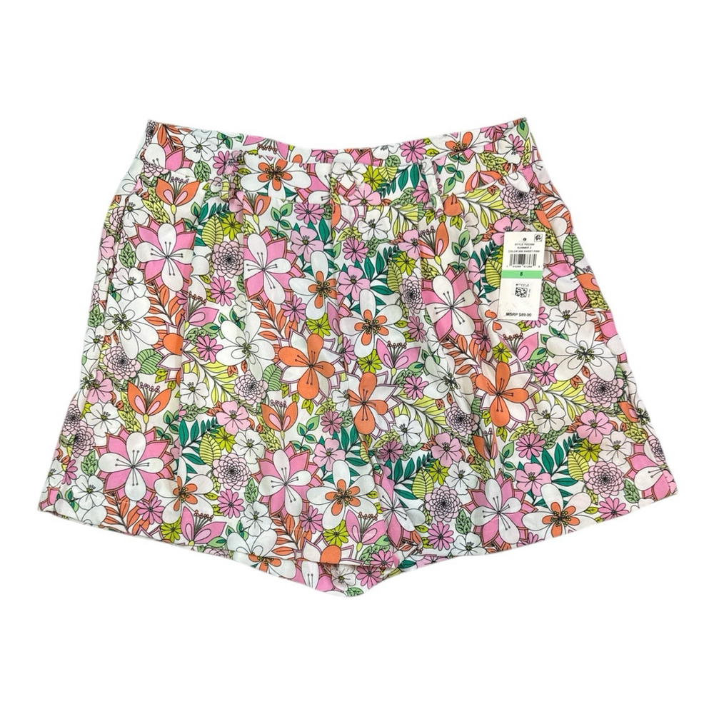 CECE Vibrant Floral Print Pleat-Front Shorts Pink Multi $89 Size 8
